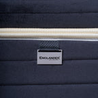 Navy blue mattress showing 'Englander' brand logo.