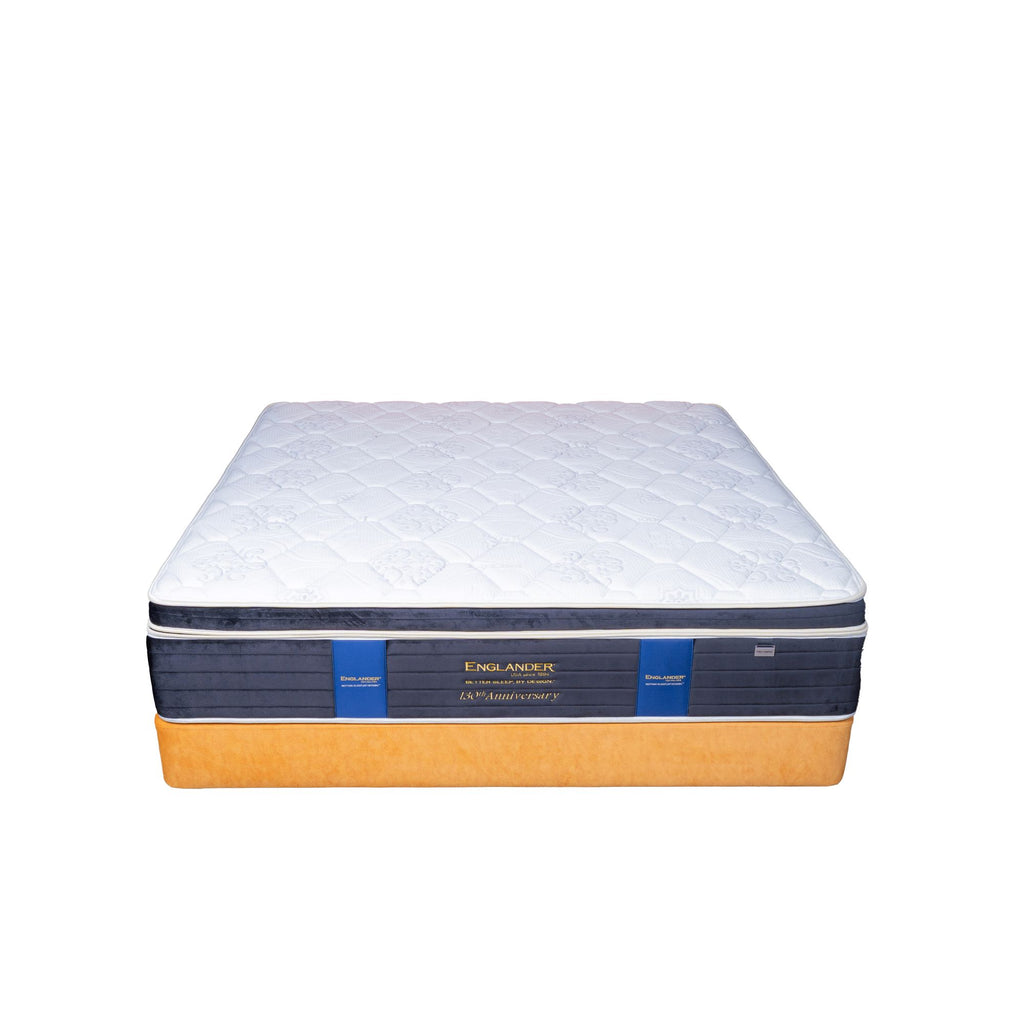 englander 130 anniversary Mattress with a blue and orange band on a white background