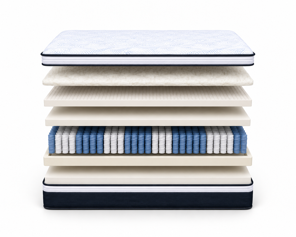 Stack of various Bettercare 1 Mattress(8ettercare 1 Mattress) Layer Breakdown on a white background