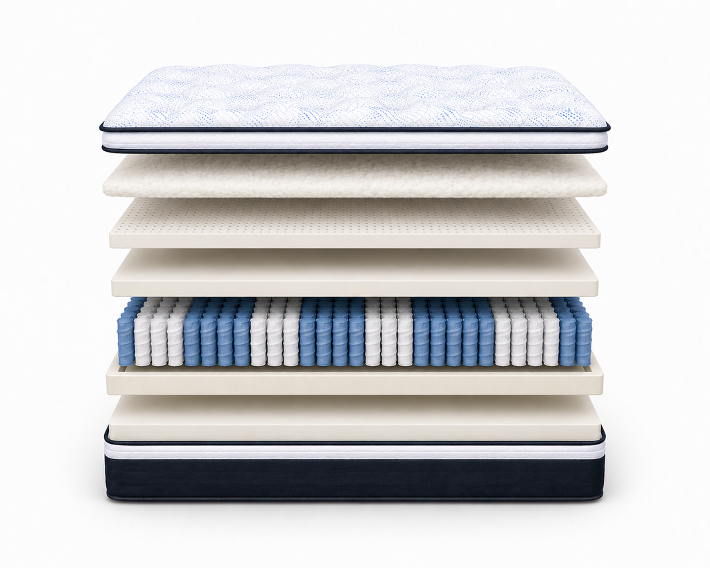 Layer-by-layer illustration of the BetterCare 2 mattress, showing its comfort layers above the spring coil unit.