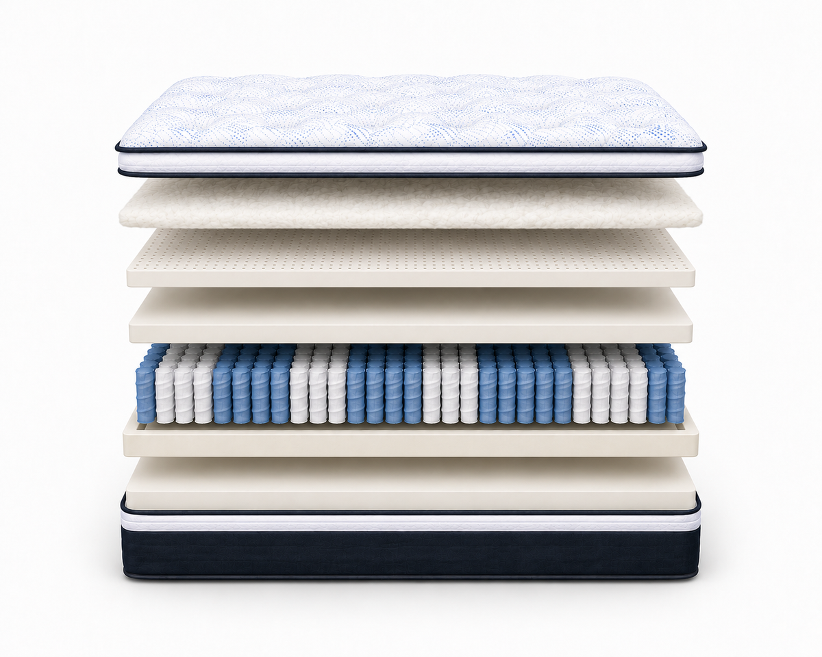 Layer-by-layer illustration of the BetterCare 2 mattress, showing its comfort layers above the spring coil unit.