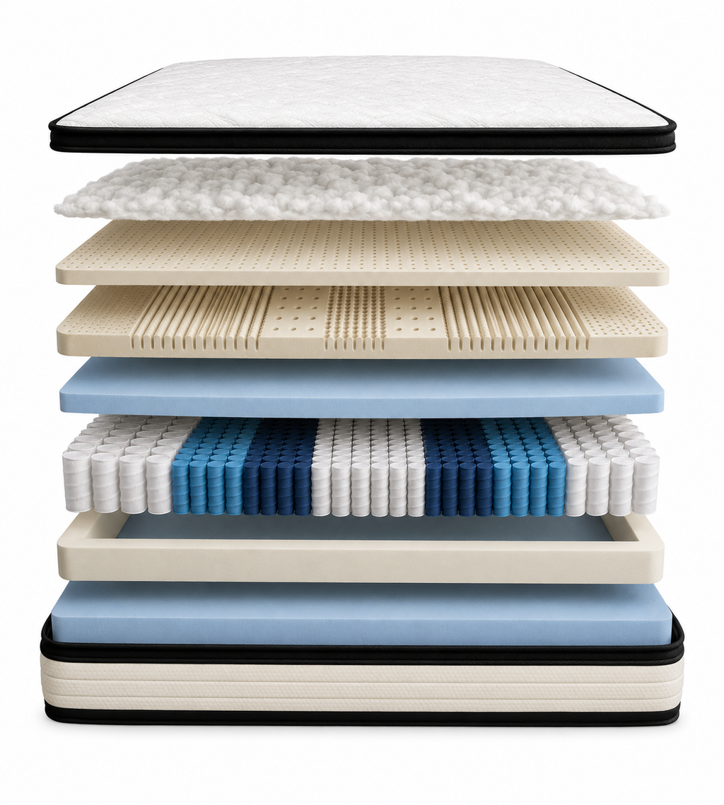Layer-by-layer illustration of the BetterSpine Premium mattress, showing its comfort layers above the spring coil unit.
