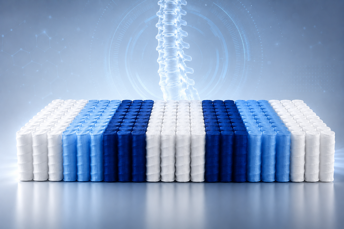 Illustration of a BetterSpine spring coil unit with blue and white zones.