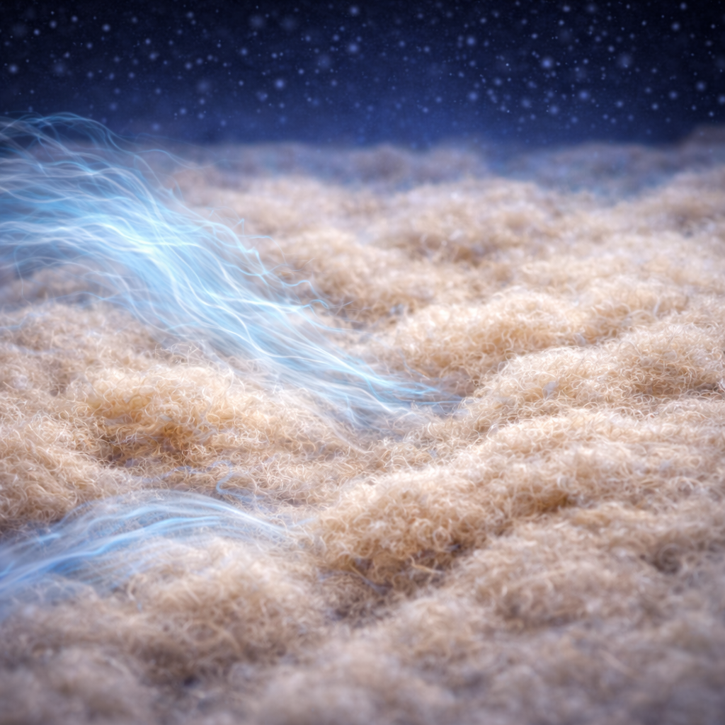 Illustration of natural CocoFlow coco fibre with blue airflow lines.