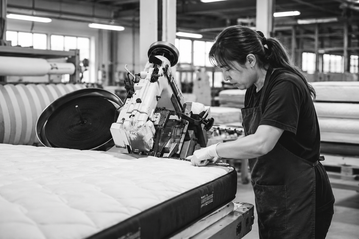 Person working on a mattress in a factory setting