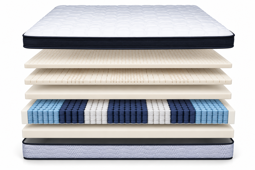 Layer-by-layer illustration of the Hotel 1894 mattress, showing its comfort layers above the spring coil unit.
