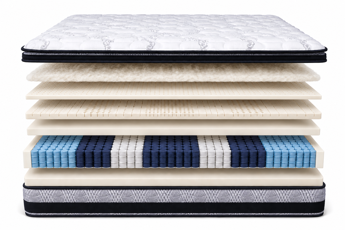Layer-by-layer illustration of the Hotel Heritage mattress, showing its comfort layers above the spring coil unit.