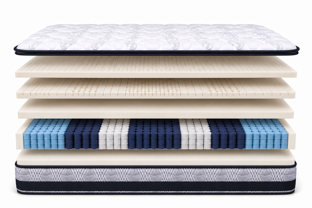 Layer-by-layer illustration of the Hotel Jewel mattress, showing its comfort layers above the spring coil unit.