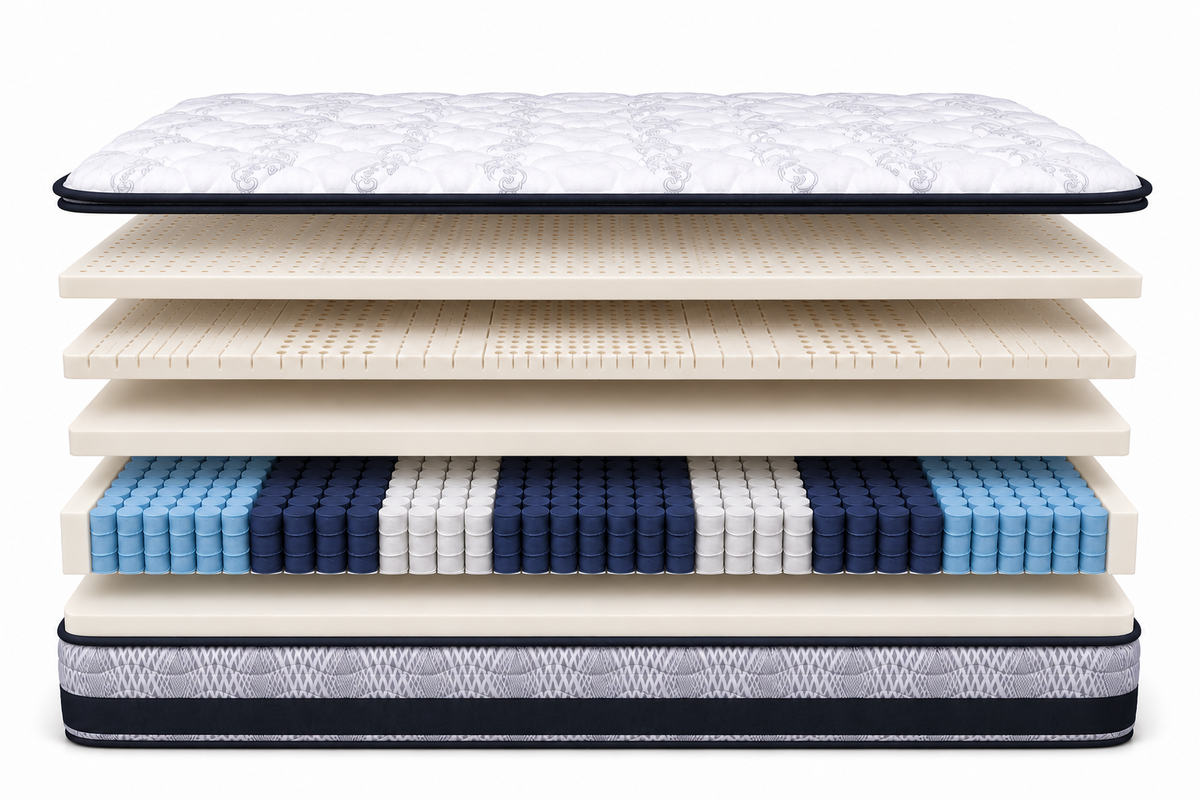 Layer-by-layer illustration of the Hotel Jewel mattress, showing its comfort layers above the spring coil unit.