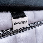 Close-up of Englander branded label on Hotel presidential mattress with visible stitching details.