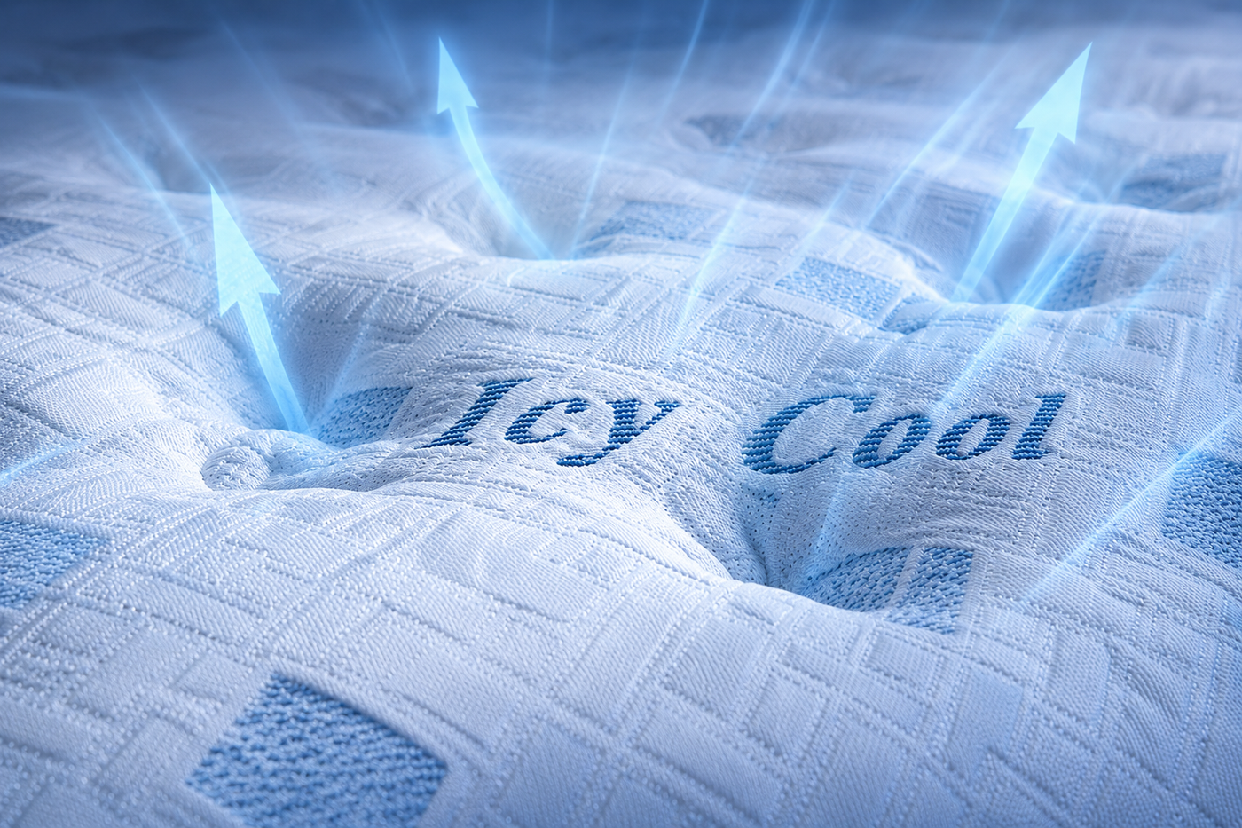 Text 'Icy Cool' on a textured blue Mattress surface with icy effects