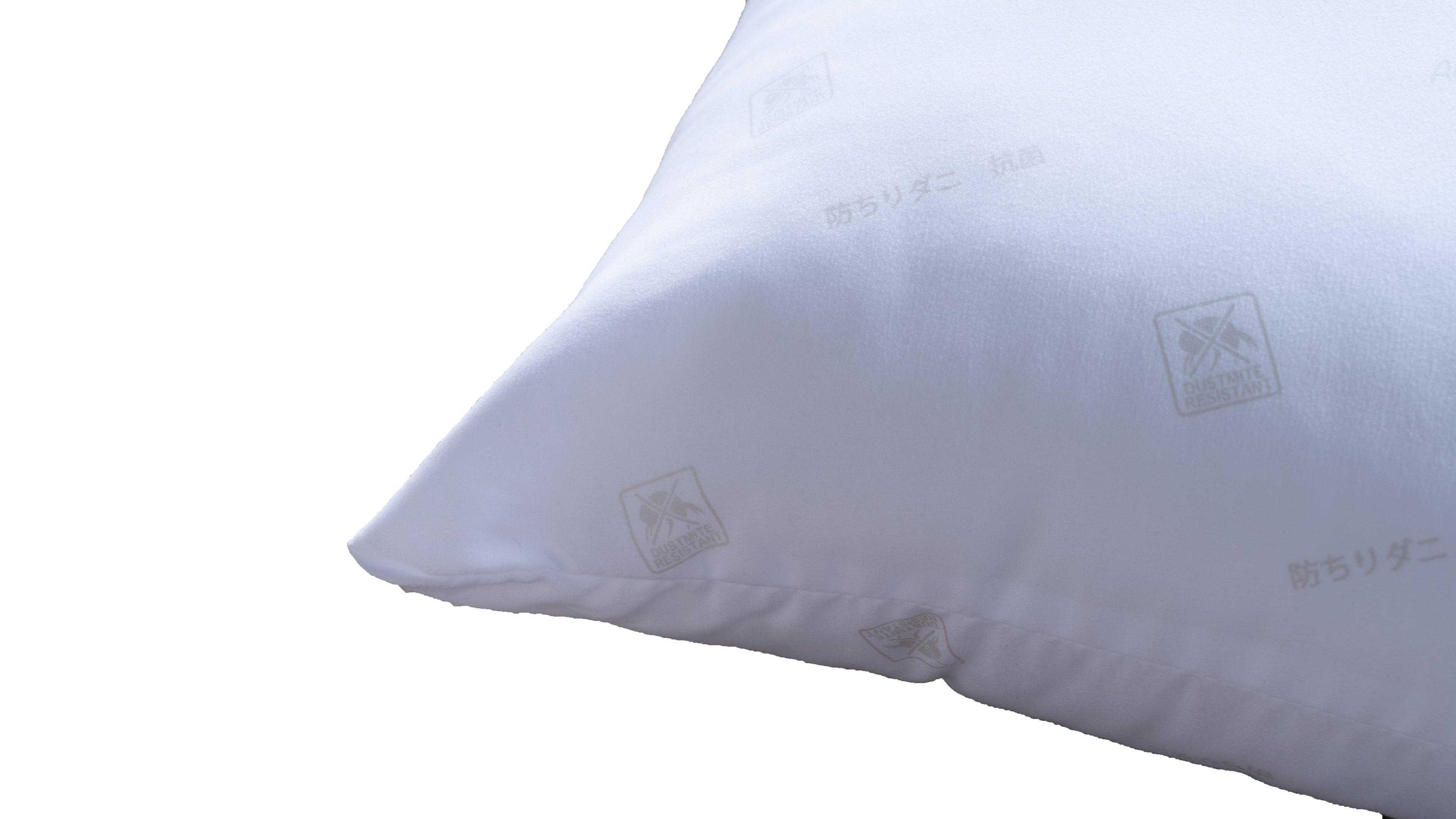 A close-up of a white pillow with a subtle repeating logo pattern, shown against a plain white background.