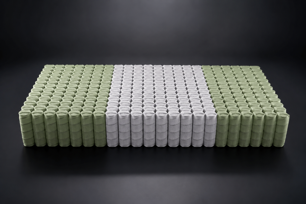 Illustration of a SpinalSupport pocket spring coil unit with green outer zones and a white centre zone.