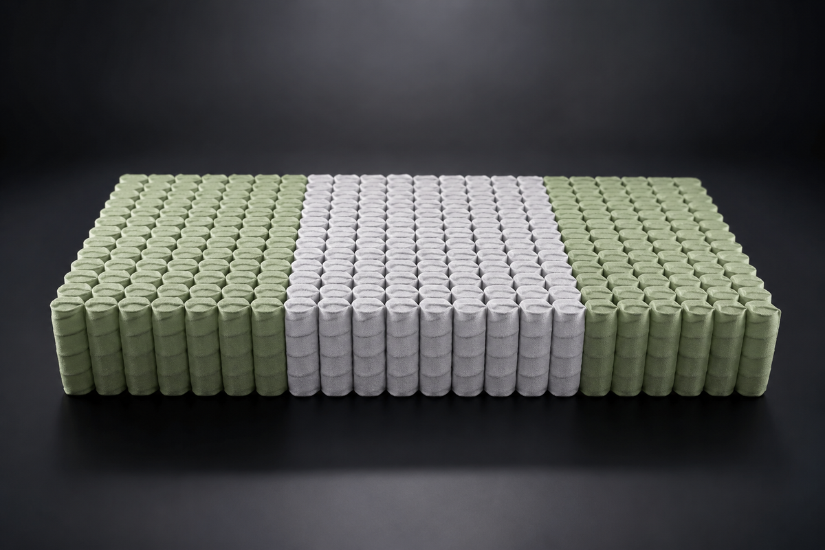 Illustration of a SpinalSupport pocket spring coil unit with green outer zones and a white centre zone.