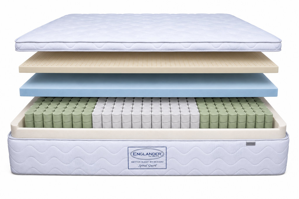 Layer-by-layer illustration of the Spinal Guard mattress, showing its comfort layers above the spring coil unit.