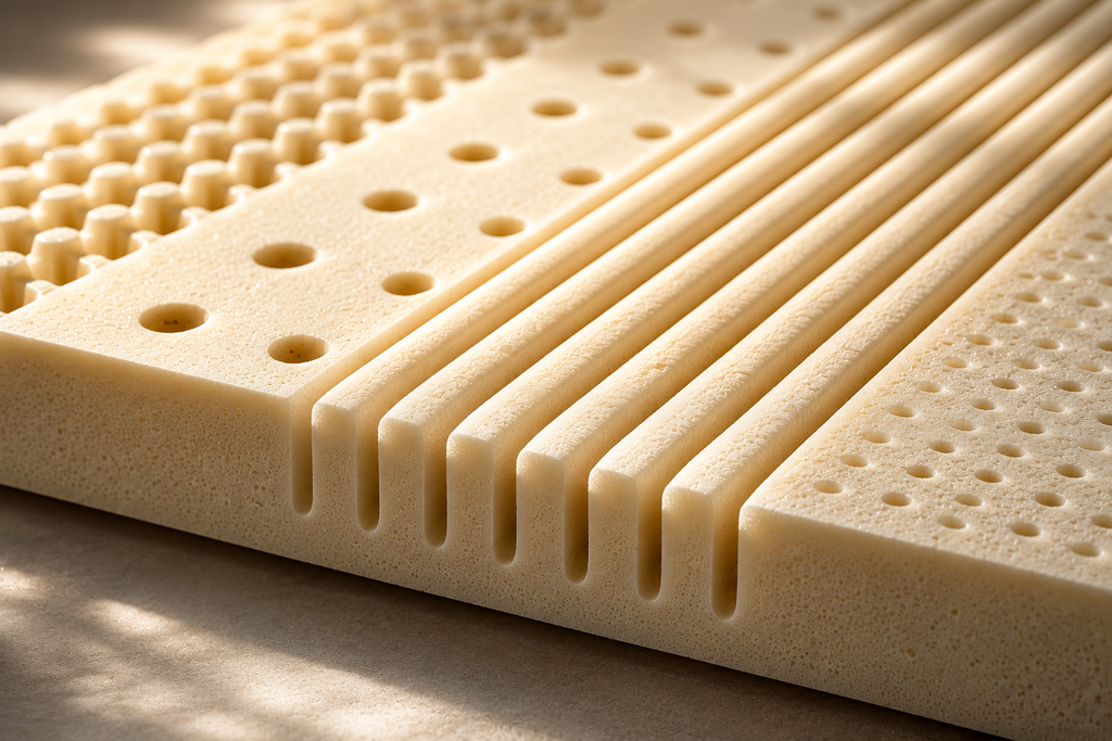 Illustration of a Synergy latex layer with ribbed channels and ventilation holes.