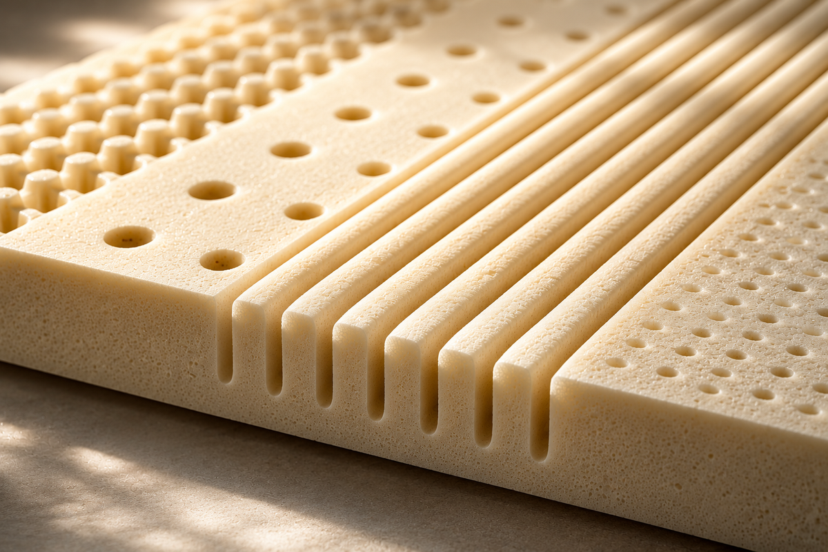 Illustration of a Synergy latex layer with ribbed channels and ventilation holes.