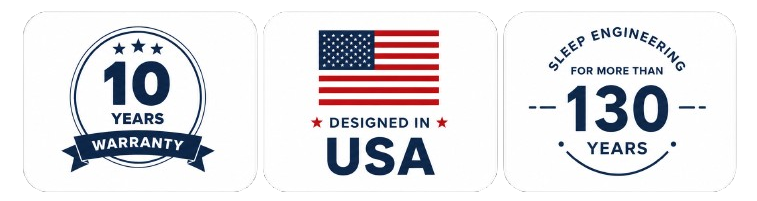 Three white rounded-square badge graphics on a light gray background: one says '10 YEARS WARRANTY' with stars and a ribbon, one shows an American flag above 'DESIGNED IN USA,' and one says 'SLEEP ENGINEERING FOR MORE THAN 130 YEARS.'.