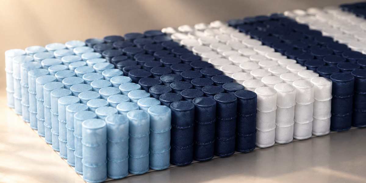 Illustration of a zoned pocket spring coil unit in light blue, white and navy.