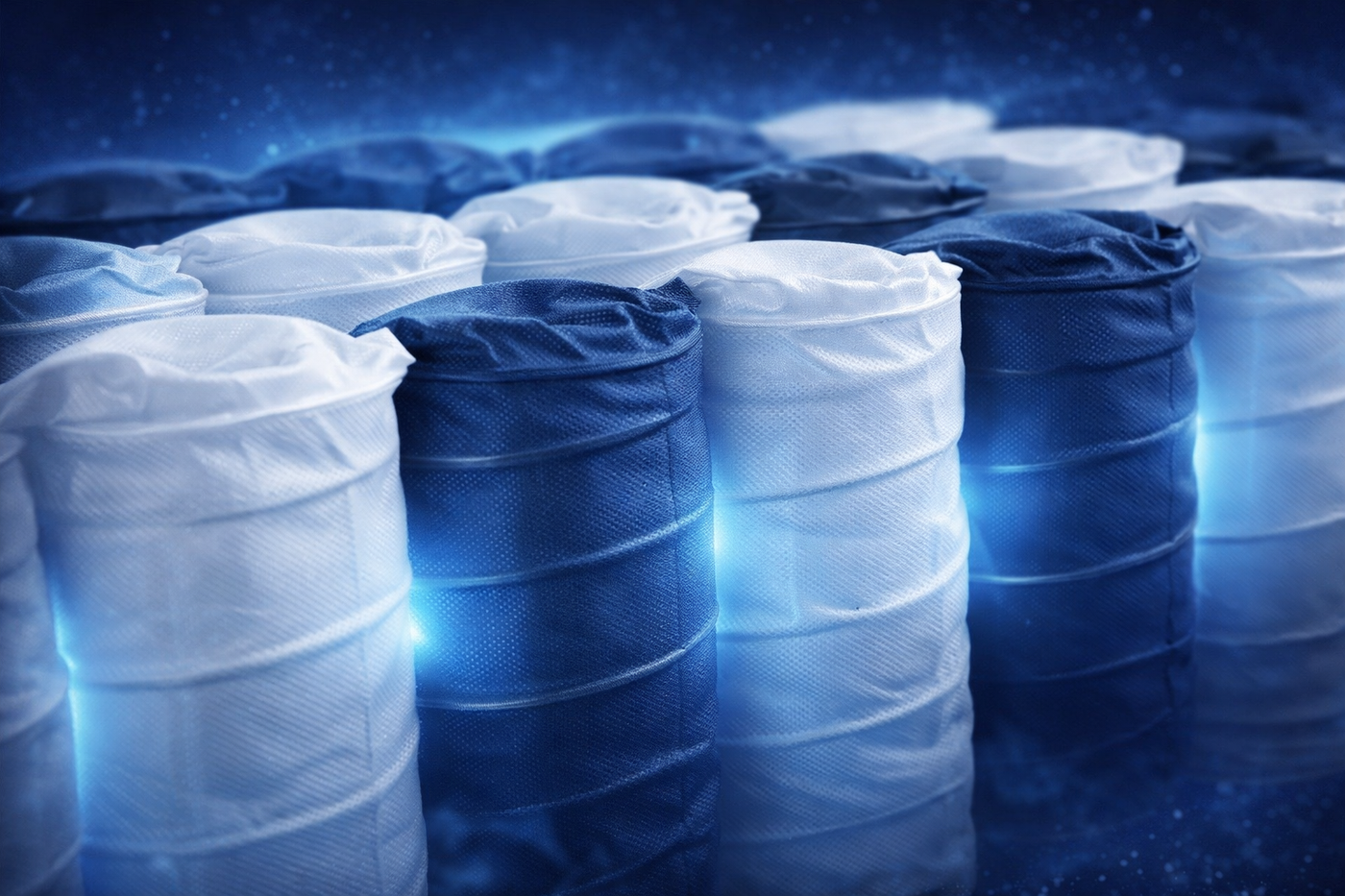 Stack of blue and white barrels with a dark blue background