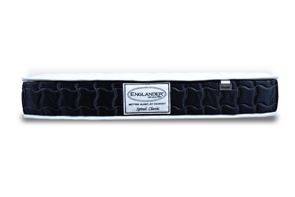 A black Englander Classic Mattress with a label in the center displaying the brand name and product line.