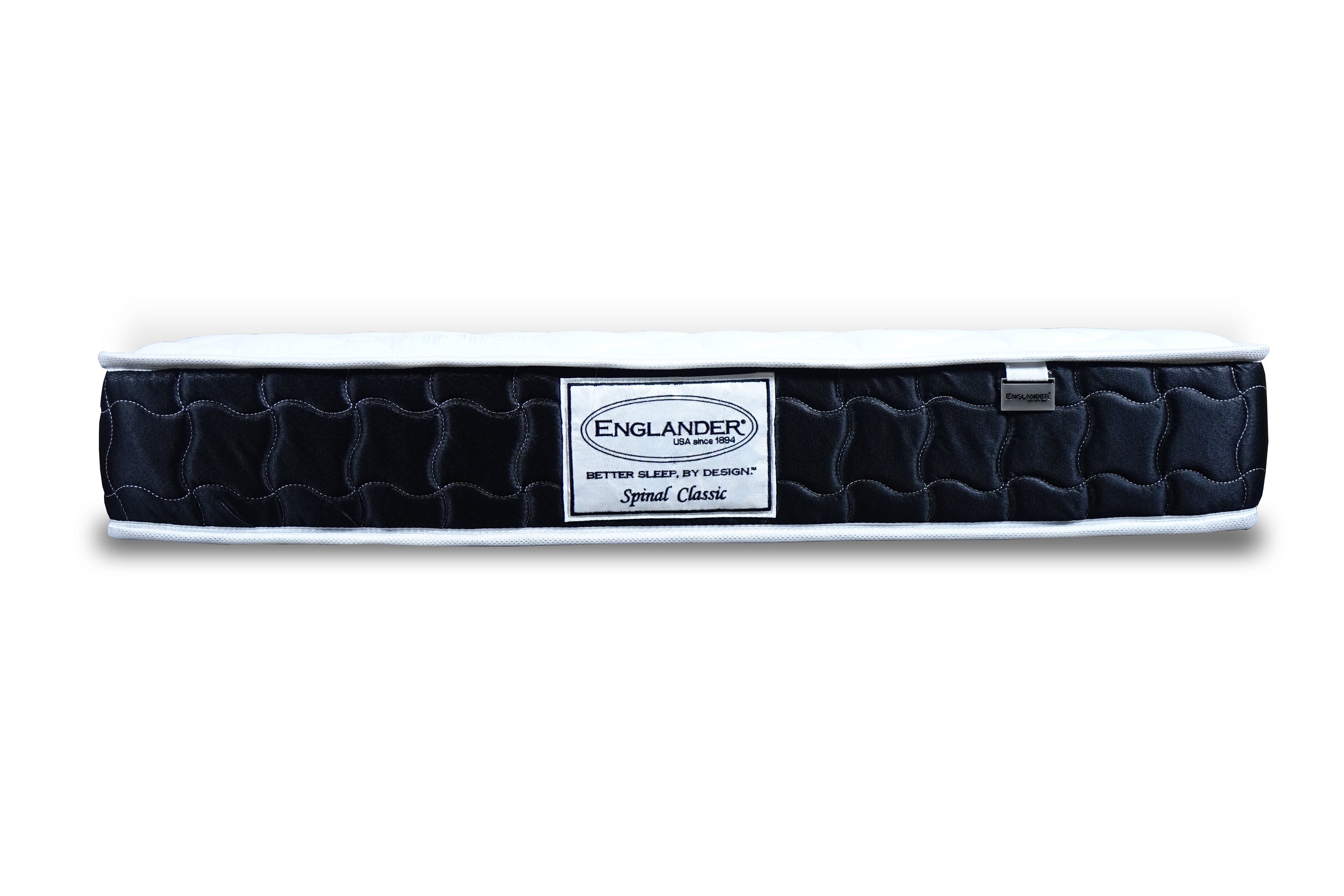 A black Englander Classic Mattress with a label in the center displaying the brand name and product line.